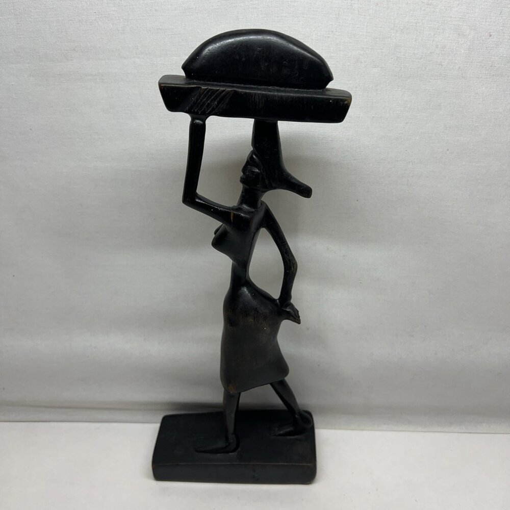 VINTAGE Wood Carved African Woman Carrying Vessel On Head Statue Figure Art 12”